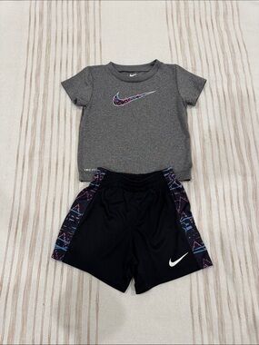 Nike Gray Tee & Black Shorts Kids Athletic Set with Multicolor Swoosh